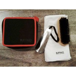 BUFFALO 4 PC SHOE CARE KIT - Polishing Cloth, Bruch, Horn & Pouch (Black/Orange)